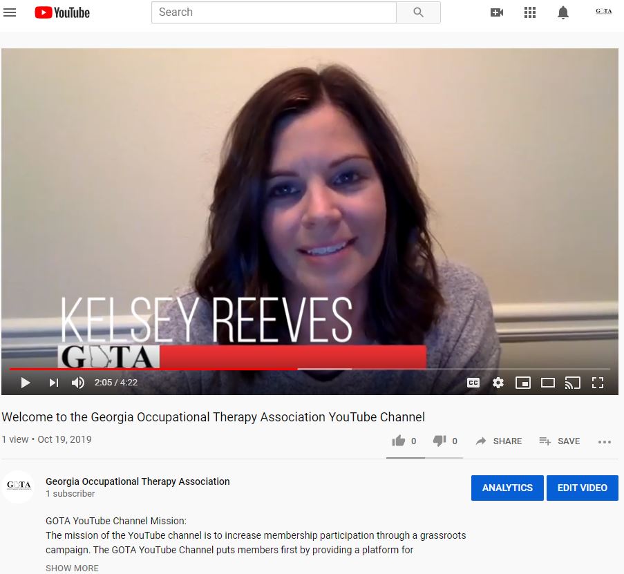 Screenshot of the GOTA YouTube Channel featuring Kelsey Reeves of the Membership Committee.